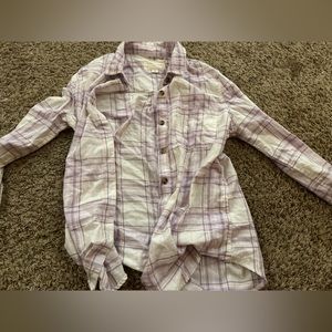 purple and white button up flannel